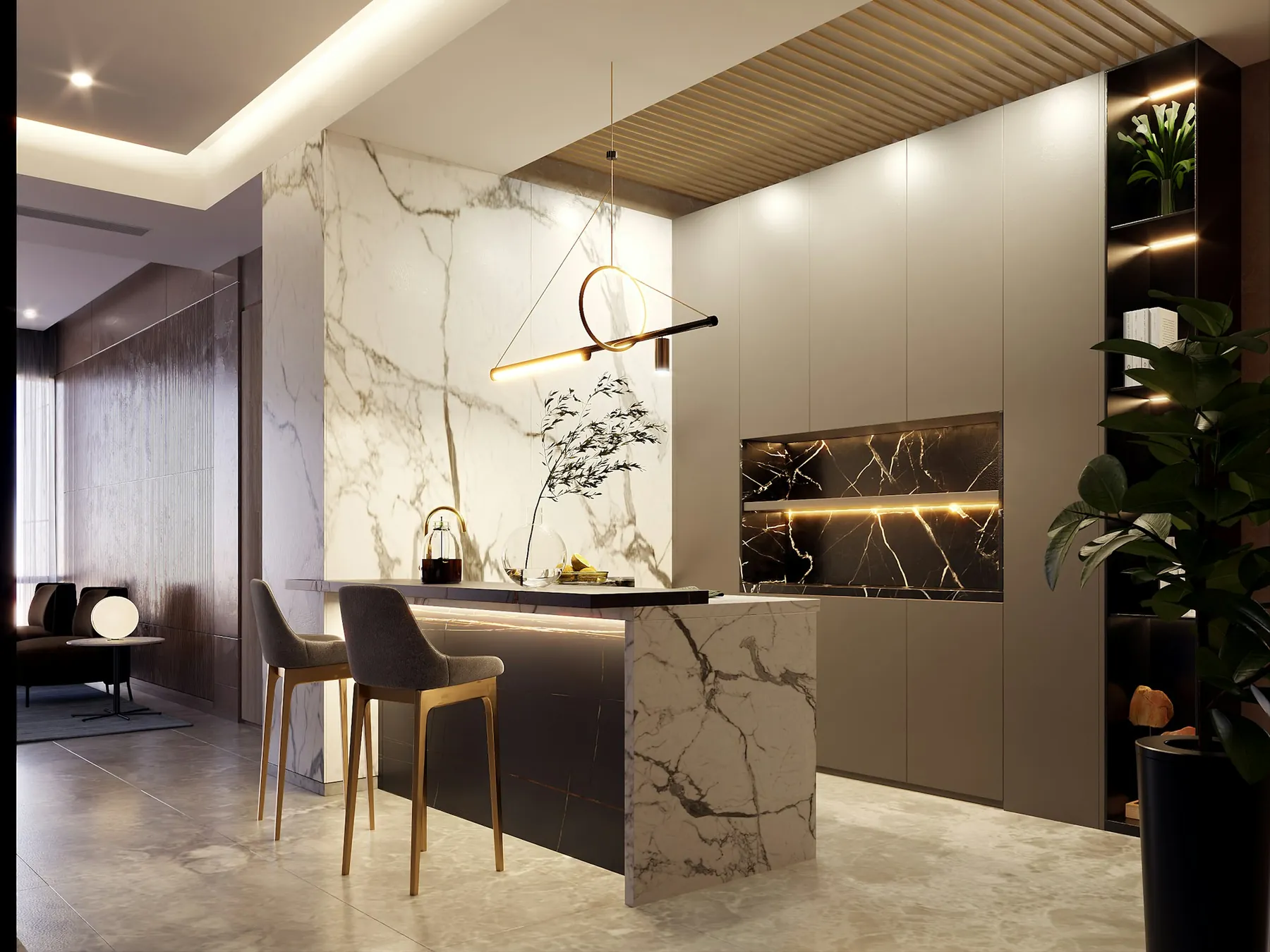 Modern kitchen island with marble countertop and pendant lighting
